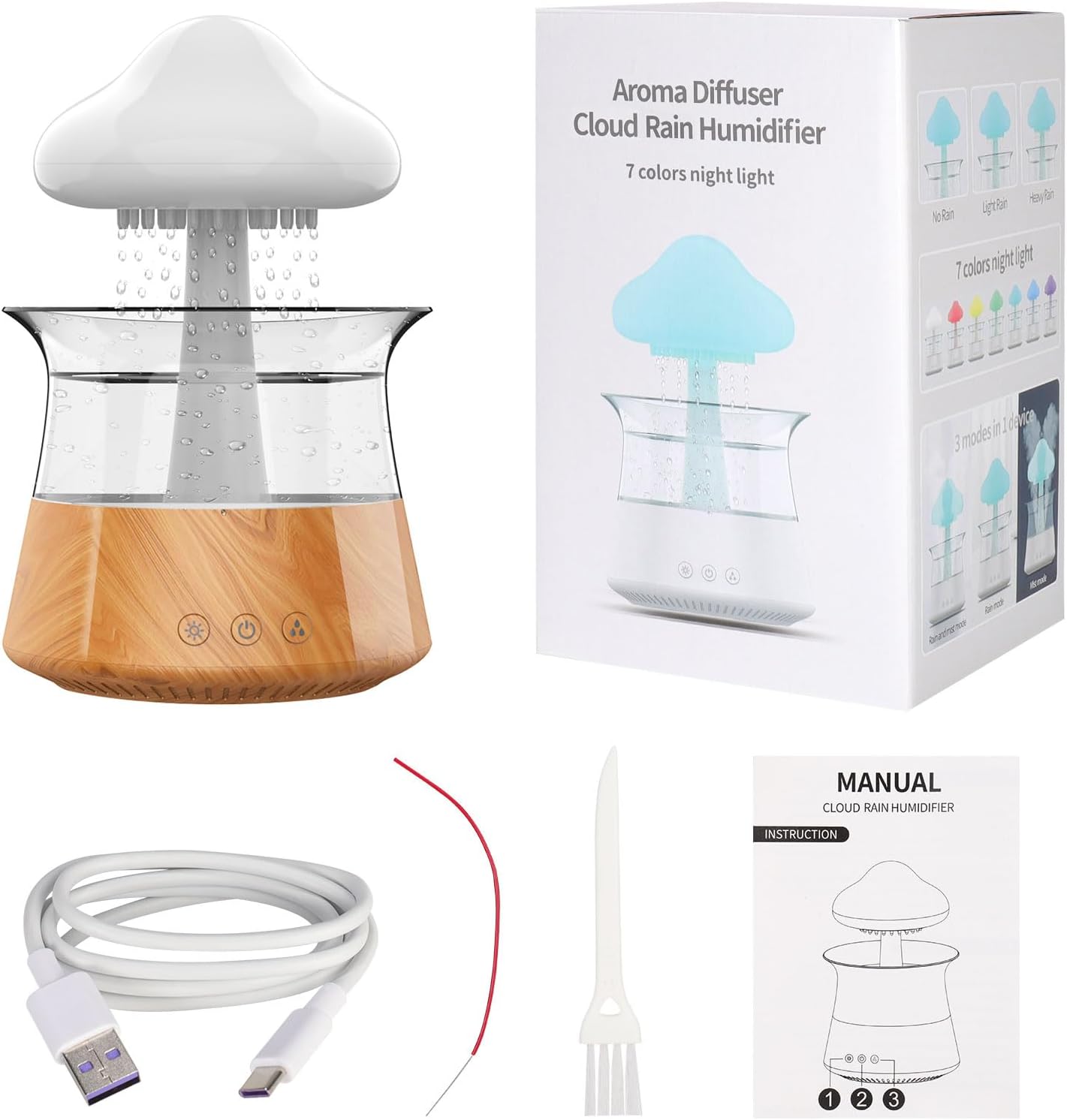 Cloud Rain Humidifiers for Bedroom & Large Room - Essential Oil Diffuser with 7 Colors LED Lights - Whole House Coverage-Auto Shut-Off-It Can Work for Up to 8-10 Days with Full Water (Wood Grain)