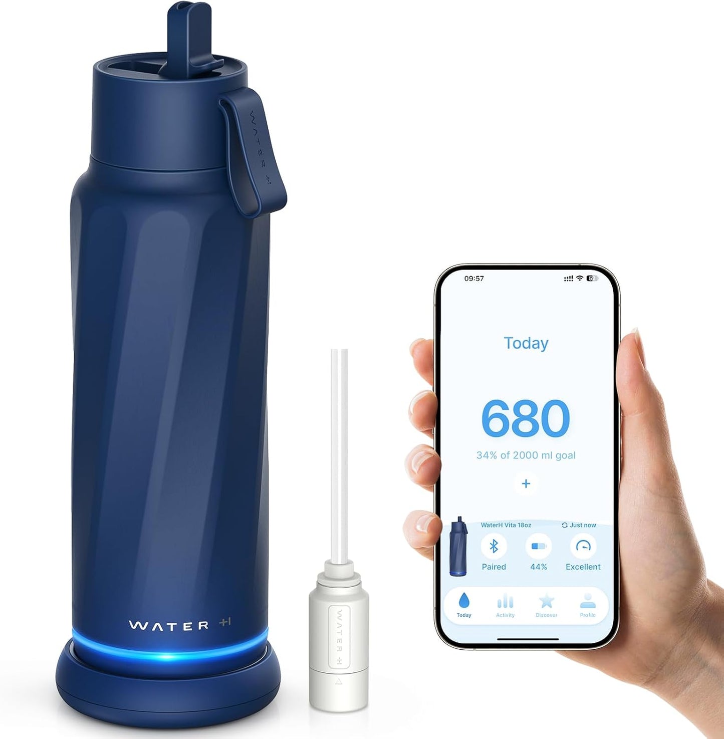 WATERH Vita Smart Water Bottle with Reminder to Drink Water, BPA-Free Vacuum Insulated Water Bottles with Straw, Bluetooth Intake Water Tracking Bottle, Ideal for Gift (18 oz)