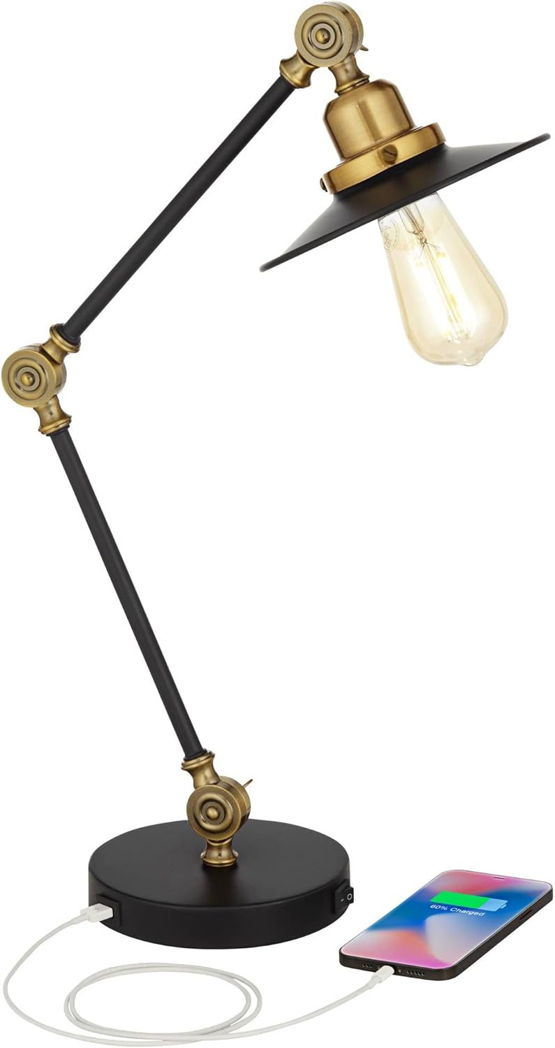 360 Lighting Taurus 20" High Small Farmhouse Rustic Industrial Traditional Desk Lamps Set of 2 USB Ports Adjustable Black Gold Shade Home Office Living Room Charging Bedroom Bedside Nightstand House