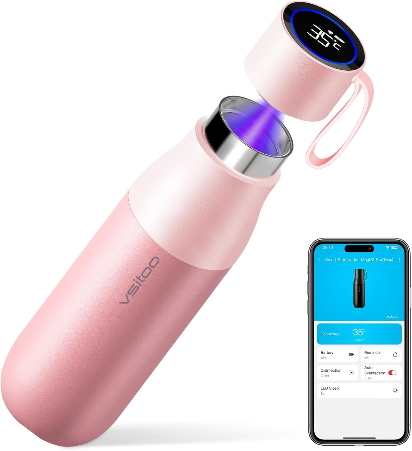 VSITOO Self-Cleaning Smart Water Bottle (pink, 15 Ounce)