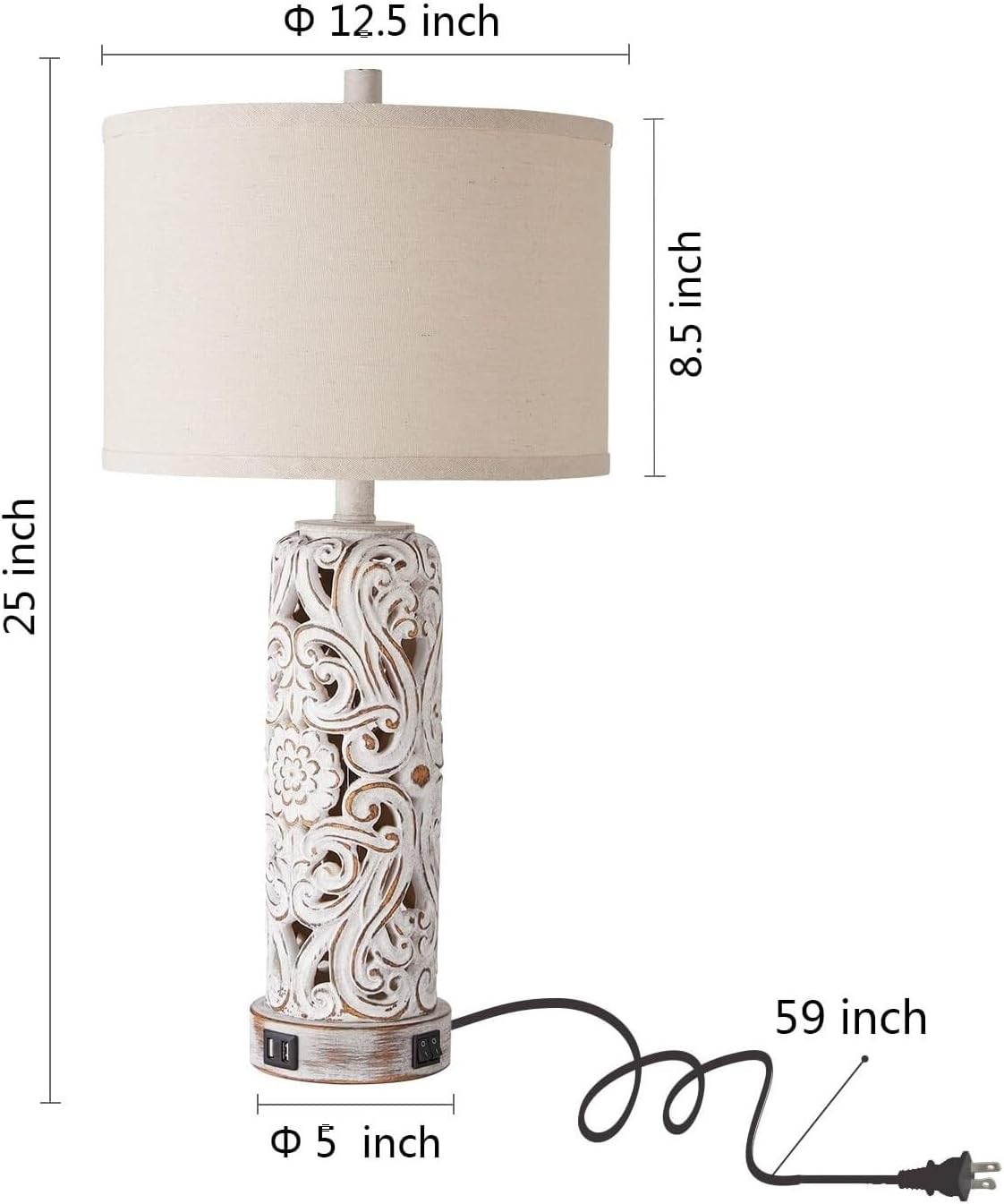 25-inch Antique White Resin Table Lamp with Dual USB Ports for Living Room Or Bedroom, Light Bulb Included Suitable for Living Room, Dormitory, Office,(Wash White)