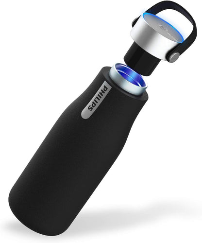 PHILIPS Water GoZero UV Self-Cleaning Smart Water Bottle Vacuum Stainless Steel Insulated Water Bottle with Handle Double-wall, Auto Cleaning, Keep Drink Hot or Cold, BPA Free, Black, 20oz