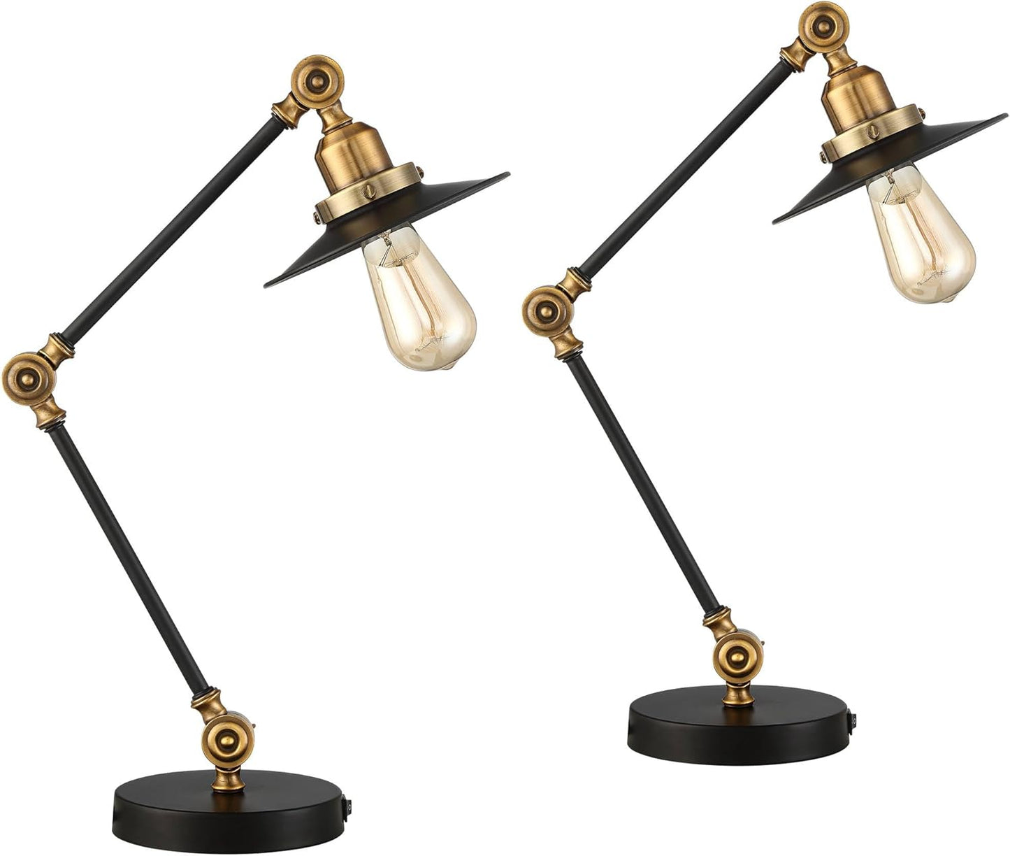 360 Lighting Taurus 20" High Small Farmhouse Rustic Industrial Traditional Desk Lamps Set of 2 USB Ports Adjustable Black Gold Shade Home Office Living Room Charging Bedroom Bedside Nightstand House