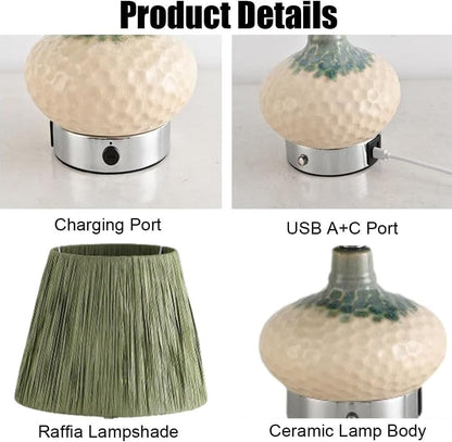 Farmhouse Table Lamp with Dimming Bulb, Green Bedside Light with Raffia Lampshades, Ceramic Night Stand Lamps for Living Room Study Office,1 Pack(2 Pack)