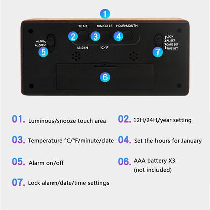 Wooden Alarm Clock, Battery Operated LCD Digital Clock with Smart Sensor Night Light and Snooze Function, Suitable for Bedroom, Bedside, Desk (Color : B)