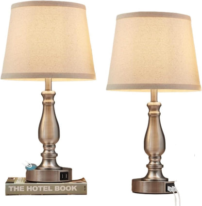 19-inch Touch Table Lamp 2-Piece Set With USB Port, 3-Way Dimmable, Linen Shade For Living Room Reading suitable for bedrooms, living rooms, offices, book(Light oat color Shade and Black Base)
