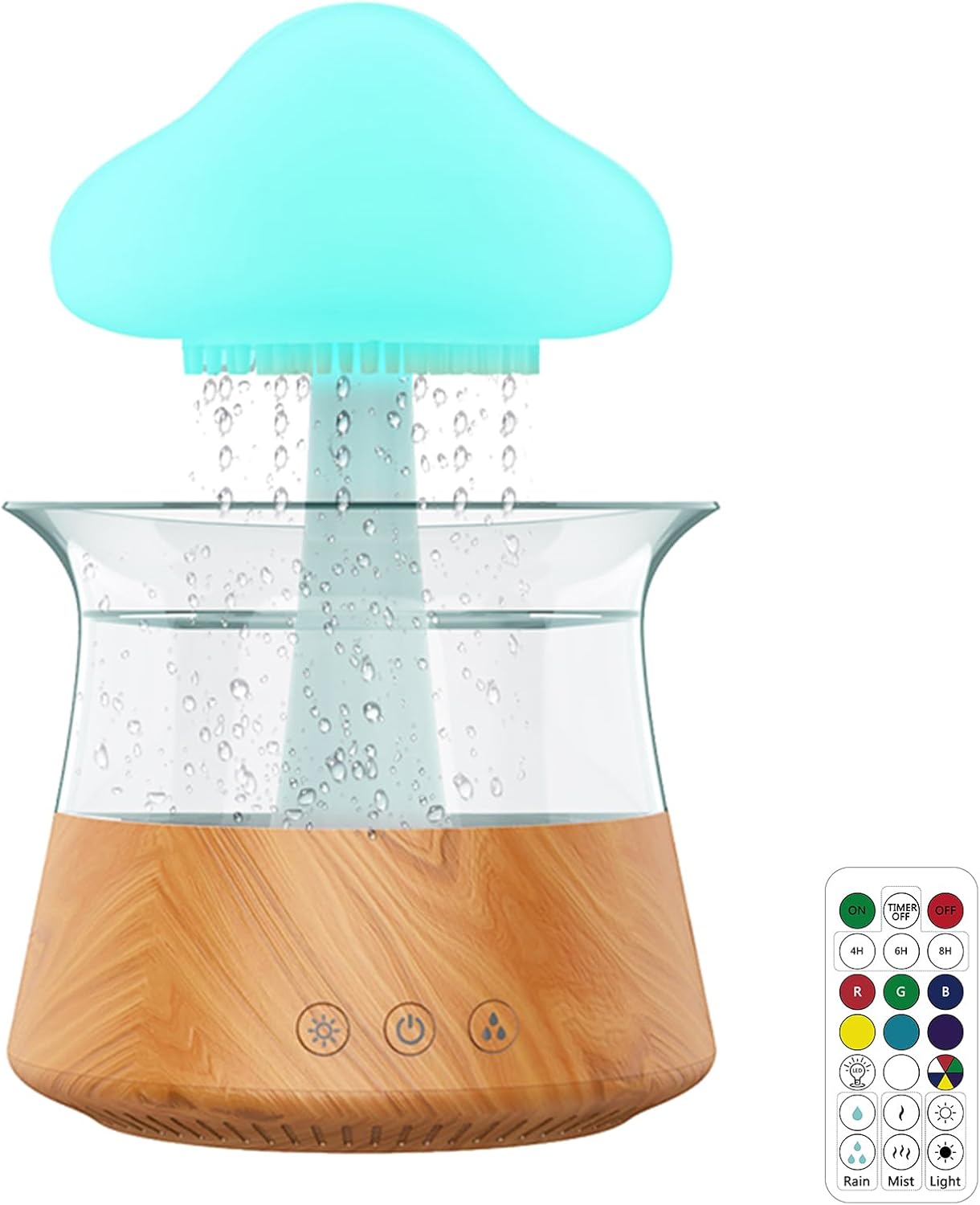 Cloud Rain Humidifier, Colorful Light Raindrop Aroma Diffuser Humidifiers with 7 Color Changing Lights Desktop Fountain Water Drop Sound for Home Office (Wood + Remote Control)