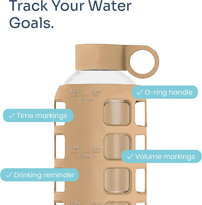 purifyou 40oz / 32oz / 22oz / 12oz Borosilicate Glass Water Bottle with Time & Volume Markers, Silicone Sleeve, Stainless Steel Lid | Reusable Glass Bottle for Water & Juice (40oz Jet Black)