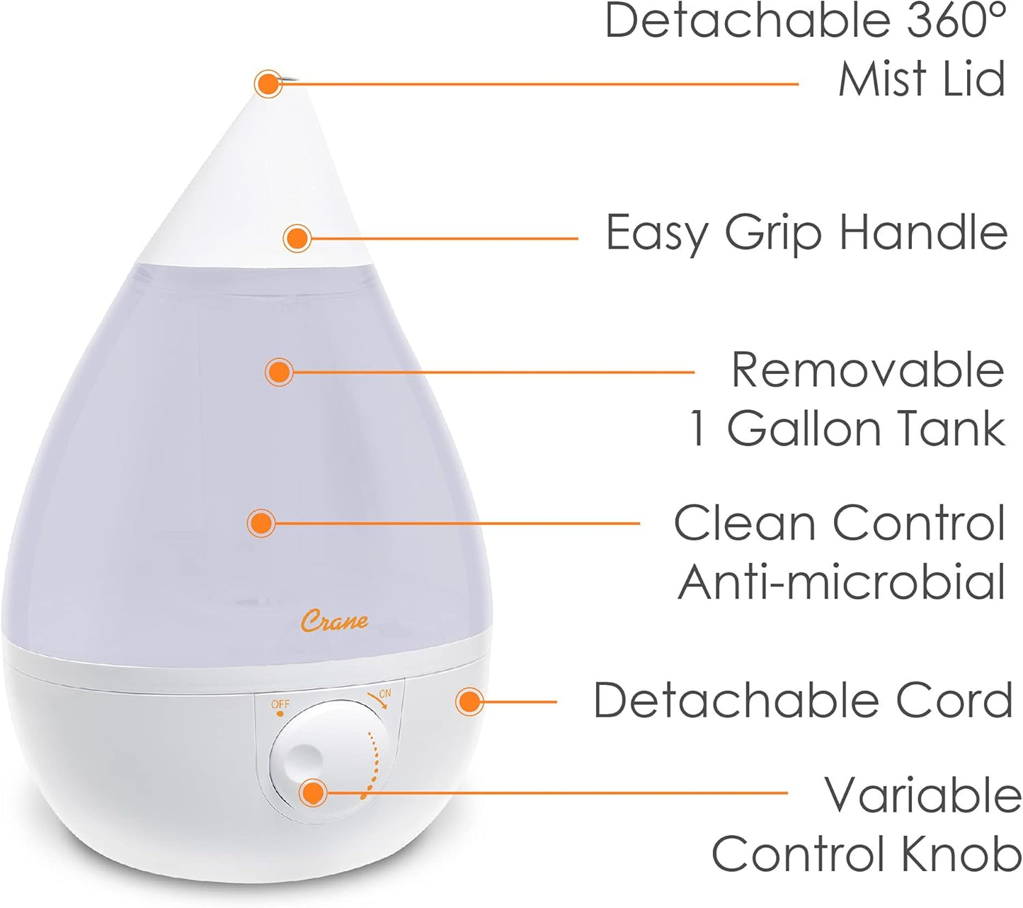 Crane Ultrasonic Cool Mist Humidifier, 1 Gallon Tank, with Universal Humidifier Filter, Reduces White Dust, Fits Drop, Droplet, Adorable, Warm Mist