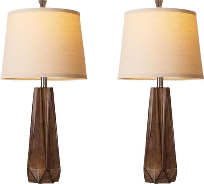 27" Resin Table Lamp Set of 2, 3 Color Temperatures, with Linen Shade, Nightstand Bedroom Office Decor, 2 Bulbs Included for Restaurant/Bedroom/Bar/Camping/Outdoor(Light Wood Grain)