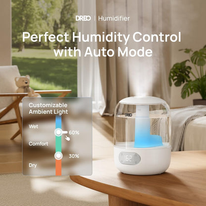 Dreo Humidifiers for Bedroom, Cool Mist Ultrasonic Humidifier with 26dB Quiet & RGB Lighting, Top Fill 3L Tank, Easy Clean, 30 Hr Runtime for Home, Baby, Plant, Nursery, Work with Google/Alexa