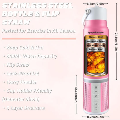 JBM Insulated Water Bottle with Bluetooth Speaker, Leak Proof Straw Lid, RGB LED Lights Stainless Steel Water Bottle for Sports (White)