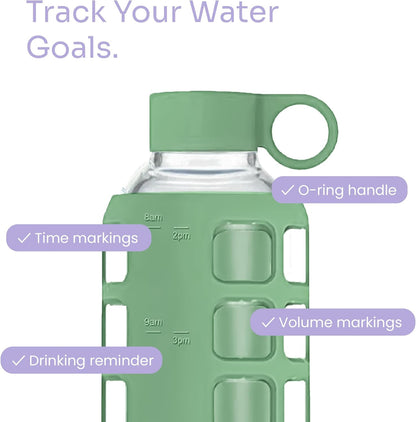 purifyou 40oz / 32oz / 22oz / 12oz Borosilicate Glass Water Bottle with Time & Volume Markers, Silicone Sleeve, Stainless Steel Lid | Reusable Glass Bottle for Water & Juice (40oz Jet Black)