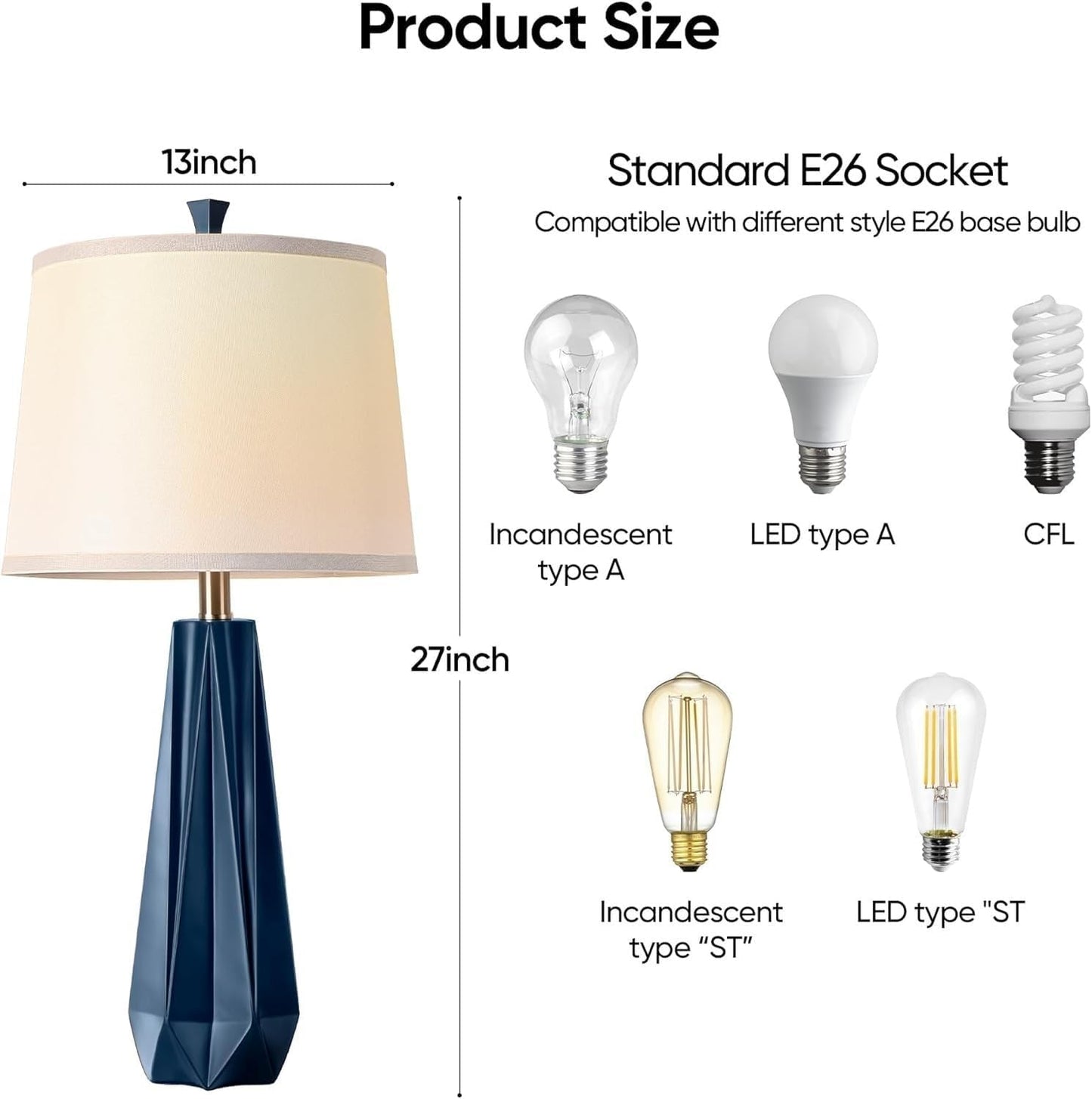 28" 3 Color Temperature Table Lamp, Linen Shade, Living Room Nightstand Bedroom Decor, Bulb Included, Blue 2 Pack Suitable for Living Room, Dormitory, Office,