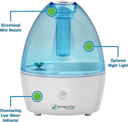PureGuardian H910BL2PK Ultrasonic Cool Mist Humidifier, 14 Hrs. Run Time, 210 Sq. Ft. Coverage, Small Rooms, Quiet, Filter Free, Treated Tank, 2 Pack