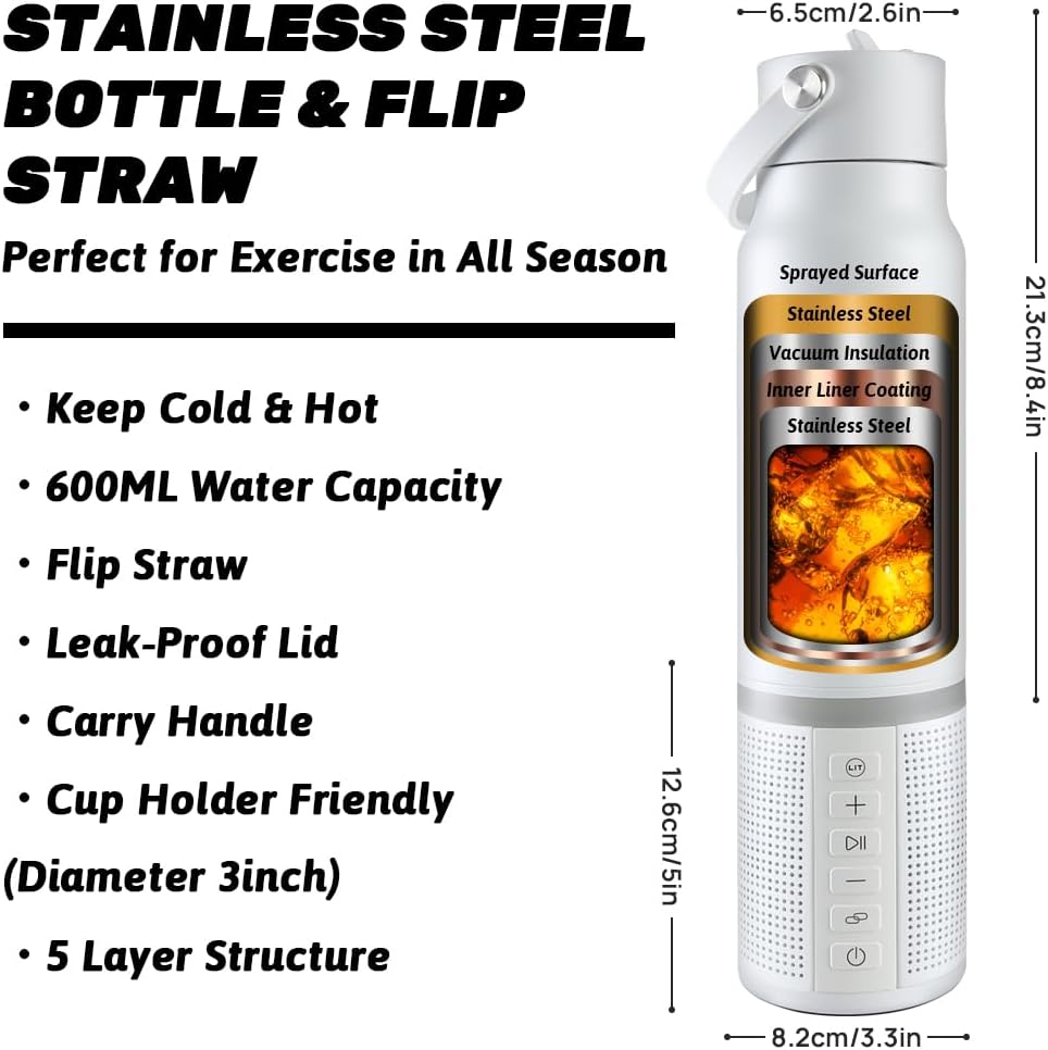 JBM Insulated Water Bottle with Bluetooth Speaker, Leak Proof Straw Lid, RGB LED Lights Stainless Steel Water Bottle for Sports (White)