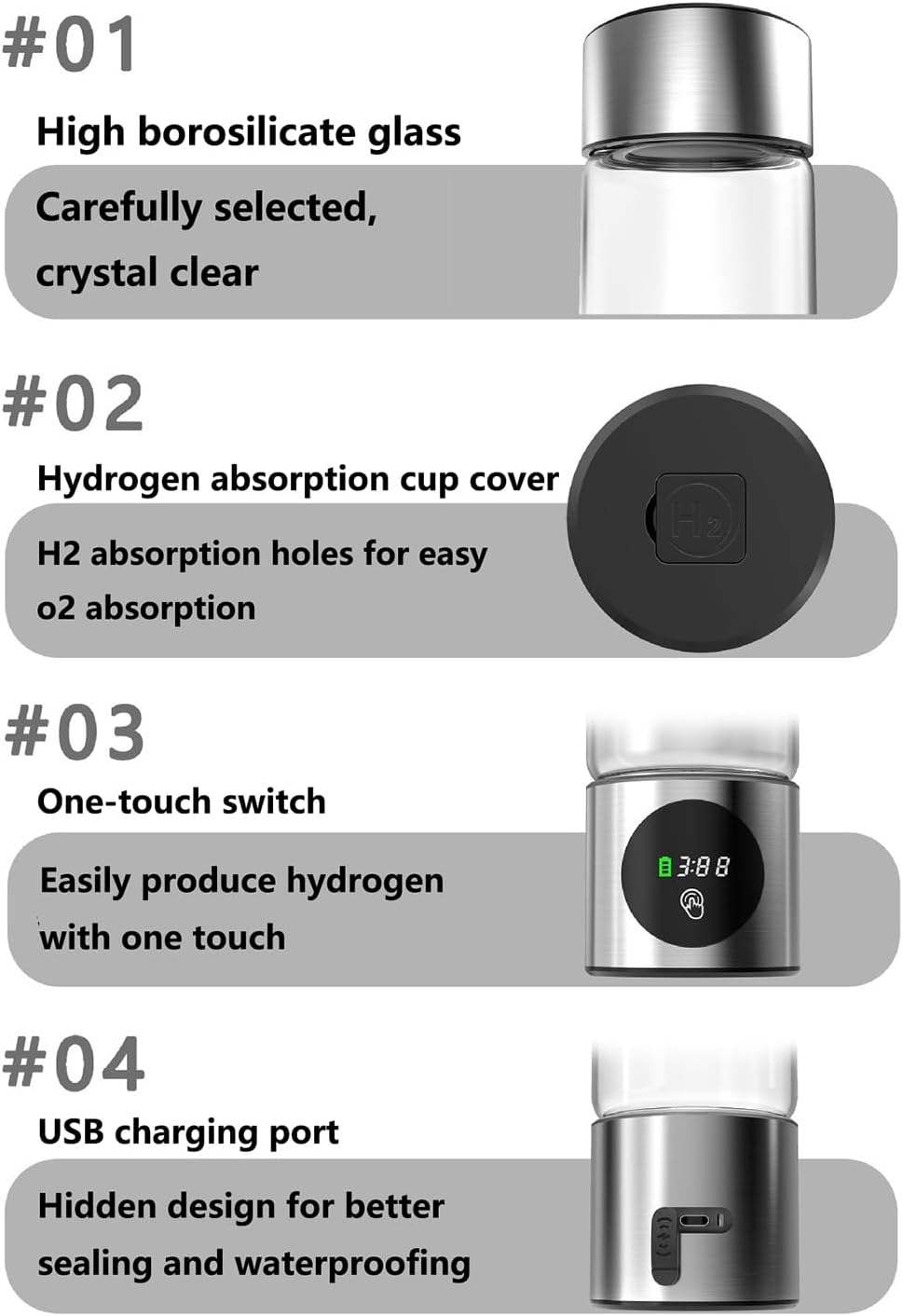 Hydrogen Water Bottle Generator, 460ml Rechargeable Glass Hydrogen-Rich Water Cup, PEM Molecular Hydrogen Water Ionizer, Smart Portable Hydrogen Bottle for Travel, Fitness, and Daily Hydration