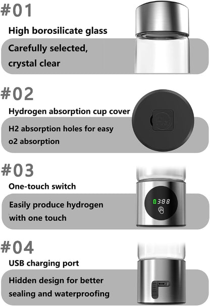 Hydrogen Water Bottle Generator, 460ml Rechargeable Glass Hydrogen-Rich Water Cup, PEM Molecular Hydrogen Water Ionizer, Smart Portable Hydrogen Bottle for Travel, Fitness, and Daily Hydration