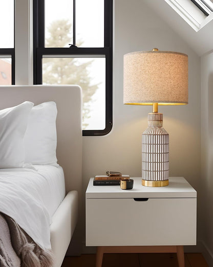 25 Inch Modern Ceramic Table Lamp with Linen Shade for Living Room Bedroom Farmhouse Nightstand Lamp Suitable for bedrooms, Living Rooms, Offices, Book(‎Washed White-1Pack)