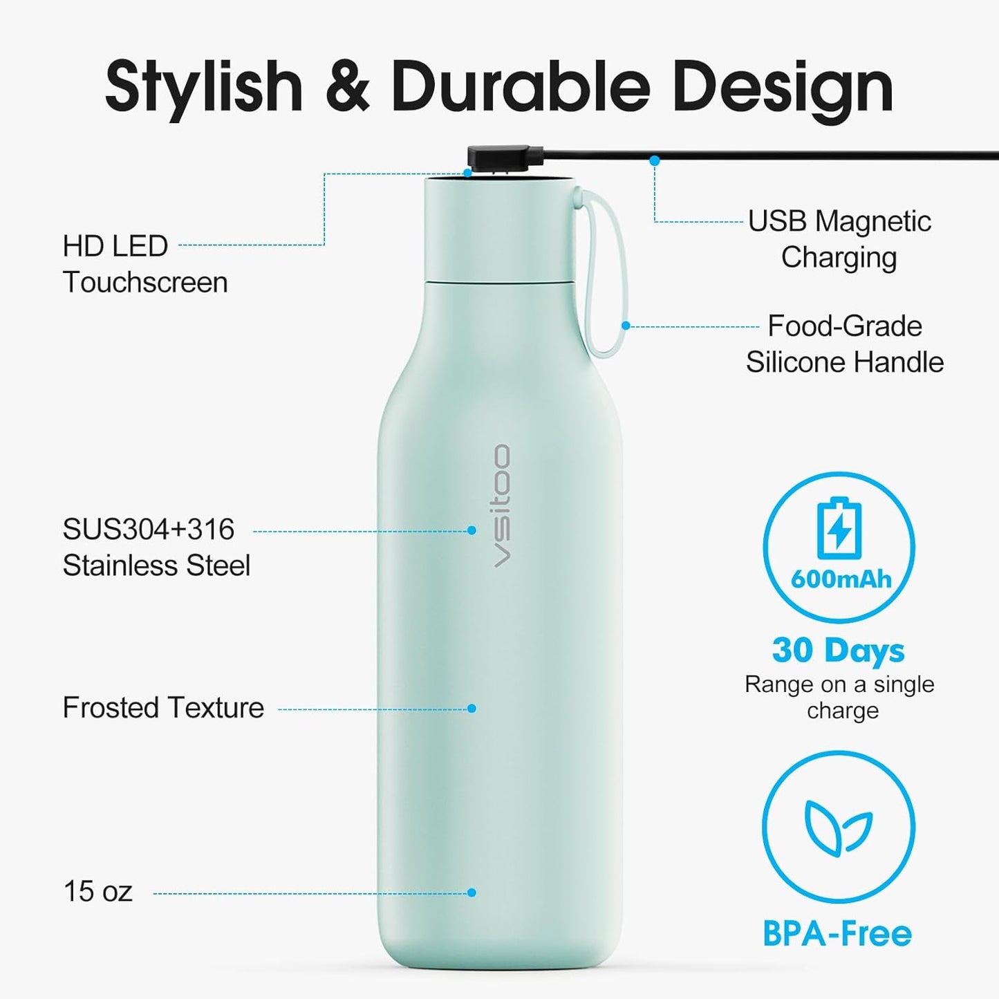 VSITOO Self-Cleaning Smart Water Bottle (pink, 15 Ounce)