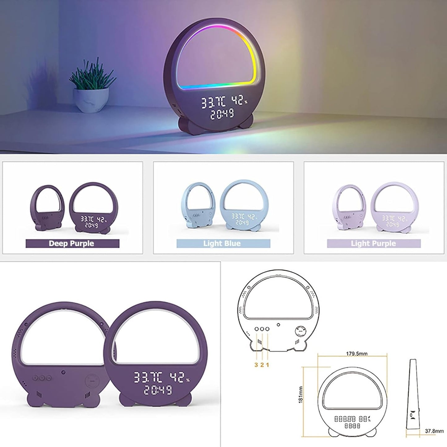 LED Night Light RGB Atmosphere Desk Lamp, Smart Multifunctional Alarm Clock, Music Sync, Temperature & Humidity Display, Ideal for Bedroom, Living Room (Color : Light Blue)