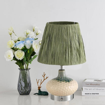 Farmhouse Table Lamp with Dimming Bulb, Green Bedside Light with Raffia Lampshades, Ceramic Night Stand Lamps for Living Room Study Office,1 Pack(2 Pack)