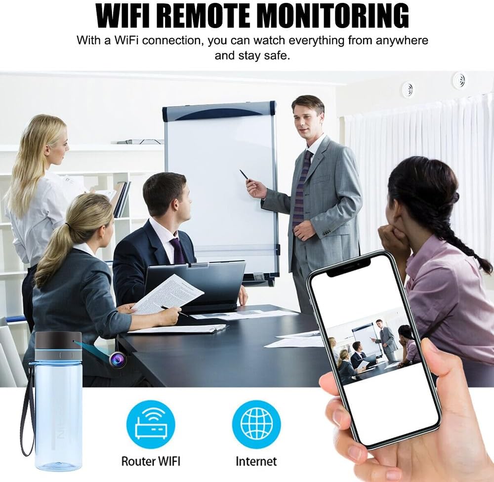 WiFi Water Bottle with 1080P Camera, 90° Wide Angle, 128GB Expandable Memory, Smart Tracking for Fitness & Home Security, 1000mAh Battery (Light gray)