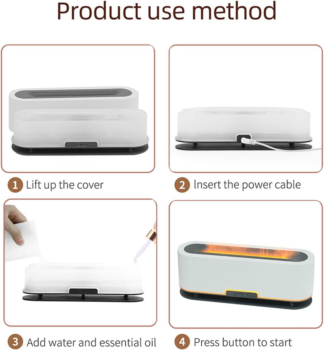 200ml Flame Humidifier with Simulated Flame, Colorful Light, Quiet Operation for Home Office (US Plug)(White)