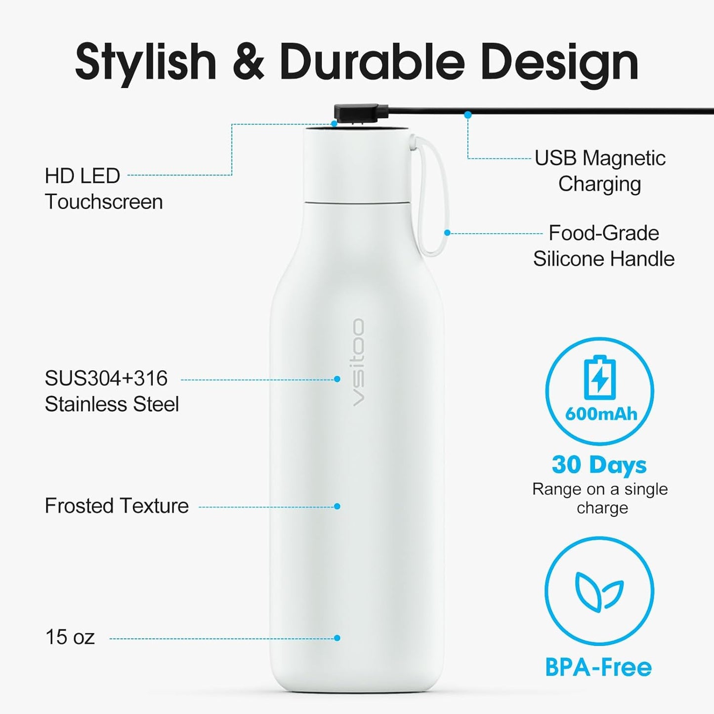 VSITOO Self-Cleaning Smart Water Bottle (pink, 15 Ounce)