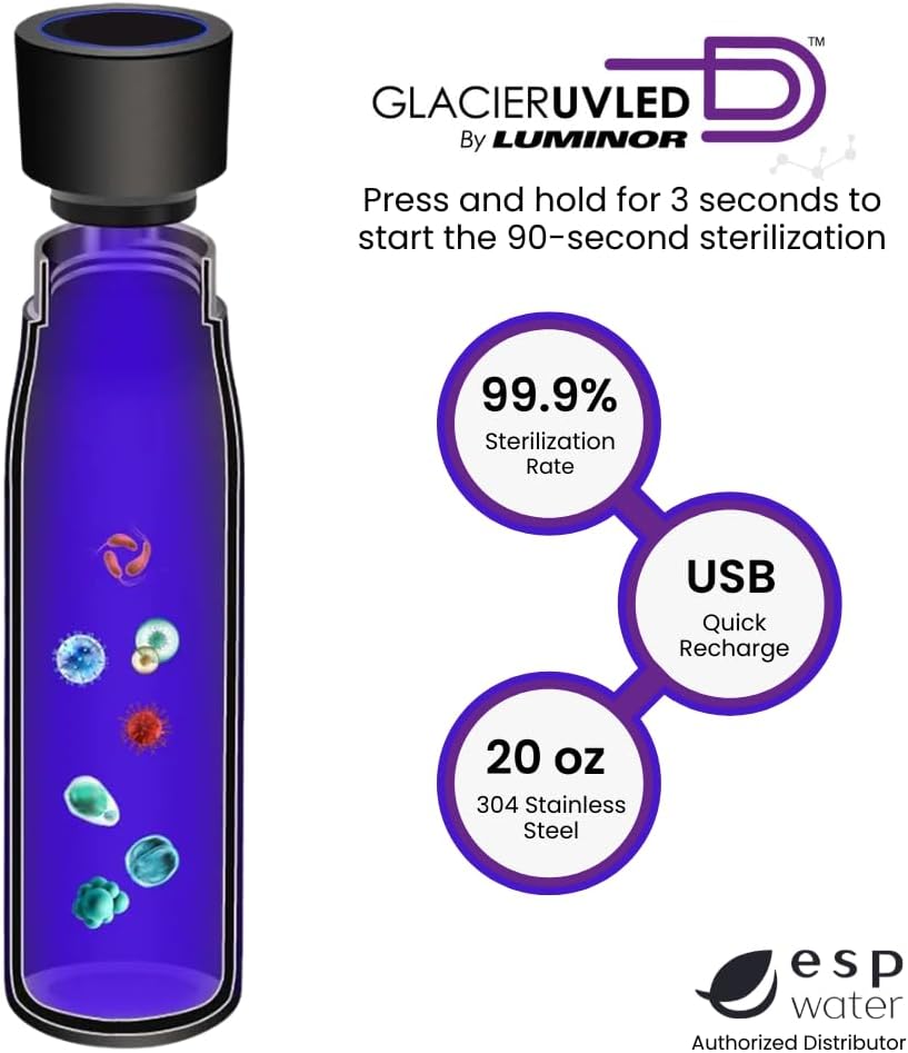 Luminor Glacier UV Self-Cleaning Water Bottle – 20 oz Rechargeable Stainless Steel Insulated Tumbler, Portable UVC Fast 90-Second Water Cleaner, USB-C Charging - for Travel, Hiking, Cycling