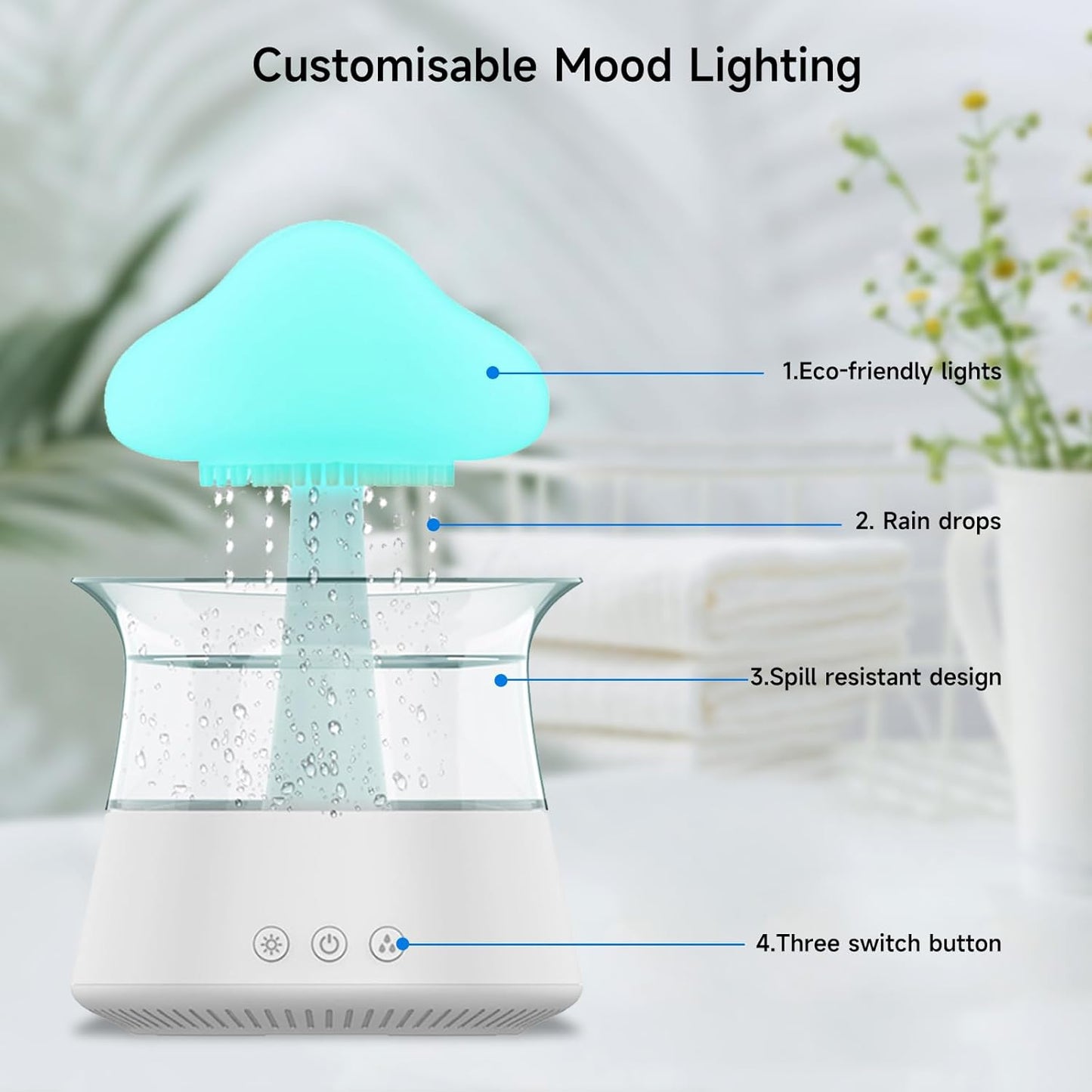 Cloud Rain Humidifier, Colorful Light Raindrop Aroma Diffuser Humidifiers with 7 Color Changing Lights Desktop Fountain Water Drop Sound for Home Office (Wood + Remote Control)
