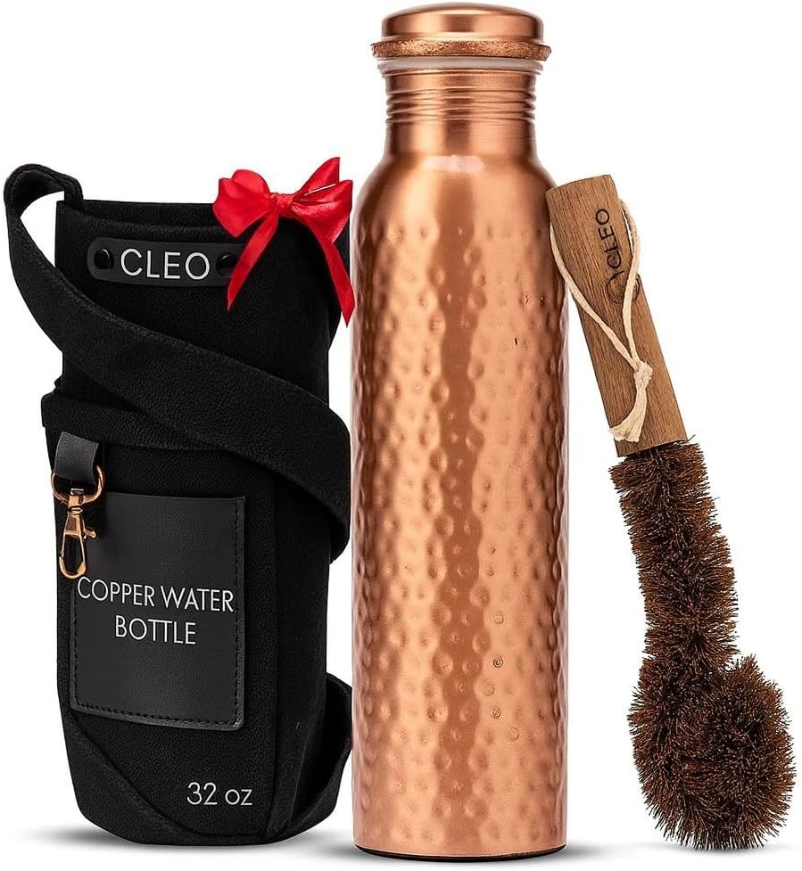 CLEO HOME 100% Pure Copper Water Bottle for Drinking, 32 Oz Hammered Ayurvedic Copper Bottle for Drinking Water | Leak-Proof & Eco-Friendly | For Yoga, Office, Travel with Canvas Carry Bag & Brush