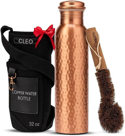 CLEO HOME 100% Pure Copper Water Bottle for Drinking, 32 Oz Hammered Ayurvedic Copper Bottle for Drinking Water | Leak-Proof & Eco-Friendly | For Yoga, Office, Travel with Canvas Carry Bag & Brush