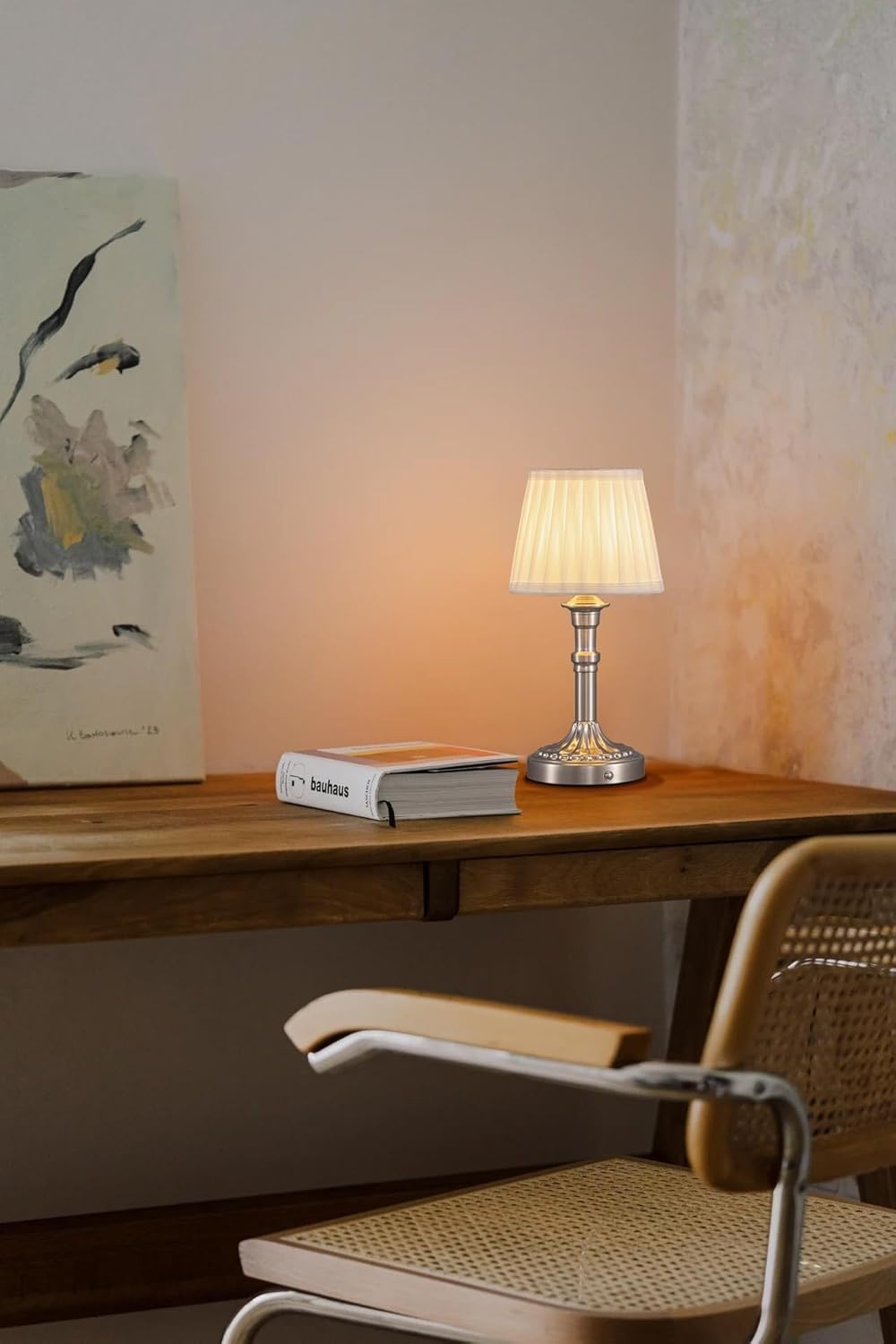 Cordless Portable LED Table Lamp 2-pack, Fabric Shade, Battery Power, Stepless Dimming, For Living And Dining Rooms suitable for bedrooms, living rooms, offices, book(Mottled Silver+Fabric Lampshde)