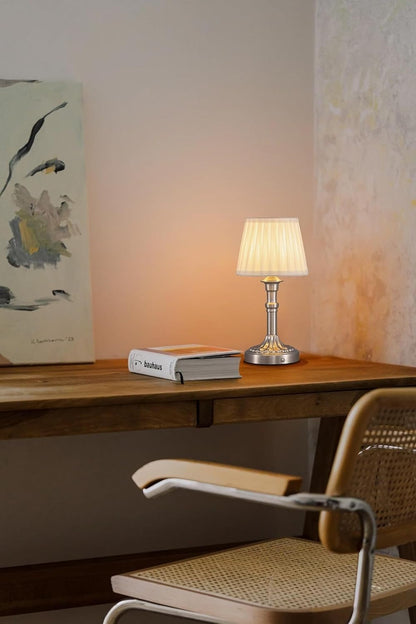 Cordless Portable LED Table Lamp 2-pack, Fabric Shade, Battery Power, Stepless Dimming, For Living And Dining Rooms suitable for bedrooms, living rooms, offices, book(Mottled Silver+Fabric Lampshde)