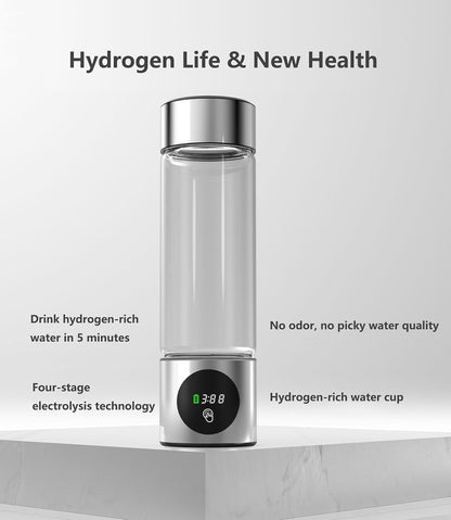 Hydrogen Water Bottle Generator, 460ml Rechargeable Glass Hydrogen-Rich Water Cup, PEM Molecular Hydrogen Water Ionizer, Smart Portable Hydrogen Bottle for Travel, Fitness, and Daily Hydration