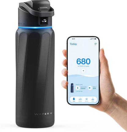 BOOST Smart Water Bottle with Reminder & Tracker, Double Wall Vacuum Insulated Bottles Stainless Steel, 32oz BPA-Free Wide Mouth for Gym, Office, School - Ideal Gift, Black