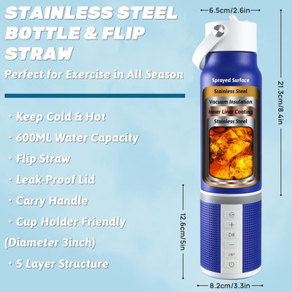 JBM Insulated Water Bottle with Bluetooth Speaker, Leak Proof Straw Lid, RGB LED Lights Stainless Steel Water Bottle for Sports (White)