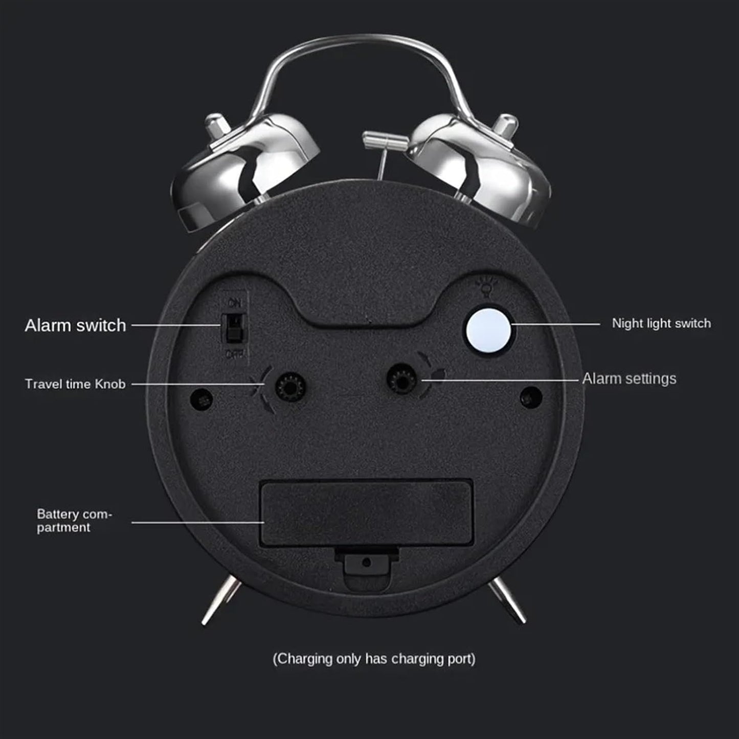 Alarm Clock Beside ﻿ Night Light Twin Bell Alarm Clocks Metal Frame Battery Operate Loud Desk Table Alarm Clock for Bedrooms Bedside Smart Alarm Clock(Black)