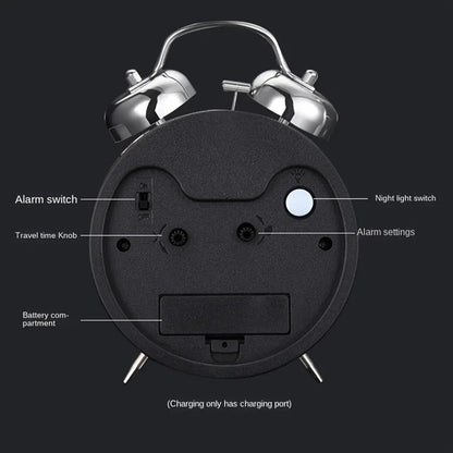 Alarm Clock Beside ﻿ Night Light Twin Bell Alarm Clocks Metal Frame Battery Operate Loud Desk Table Alarm Clock for Bedrooms Bedside Smart Alarm Clock(Black)