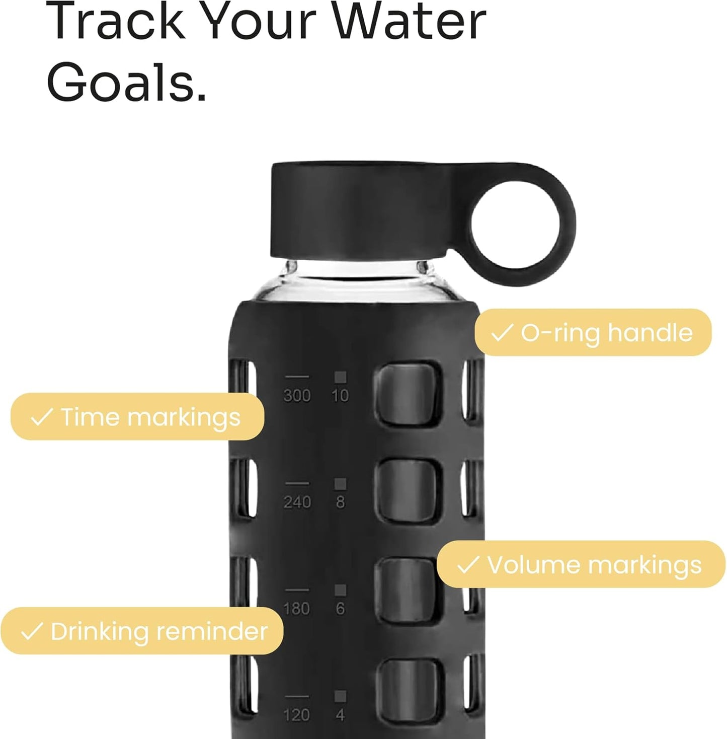 purifyou 40oz / 32oz / 22oz / 12oz Borosilicate Glass Water Bottle with Time & Volume Markers, Silicone Sleeve, Stainless Steel Lid | Reusable Glass Bottle for Water & Juice (40oz Jet Black)