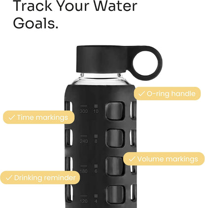purifyou 40oz / 32oz / 22oz / 12oz Borosilicate Glass Water Bottle with Time & Volume Markers, Silicone Sleeve, Stainless Steel Lid | Reusable Glass Bottle for Water & Juice (40oz Jet Black)