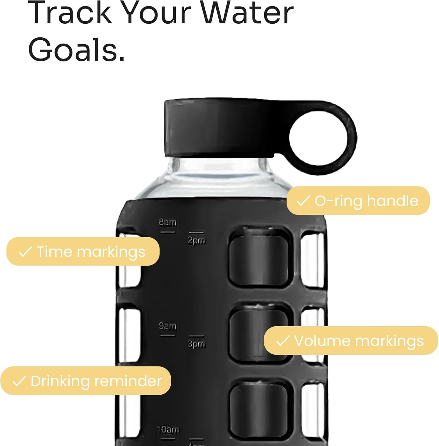 purifyou 40oz / 32oz / 22oz / 12oz Borosilicate Glass Water Bottle with Time & Volume Markers, Silicone Sleeve, Stainless Steel Lid | Reusable Glass Bottle for Water & Juice (40oz Jet Black)