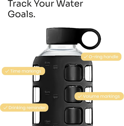 purifyou 40oz / 32oz / 22oz / 12oz Borosilicate Glass Water Bottle with Time & Volume Markers, Silicone Sleeve, Stainless Steel Lid | Reusable Glass Bottle for Water & Juice (40oz Jet Black)