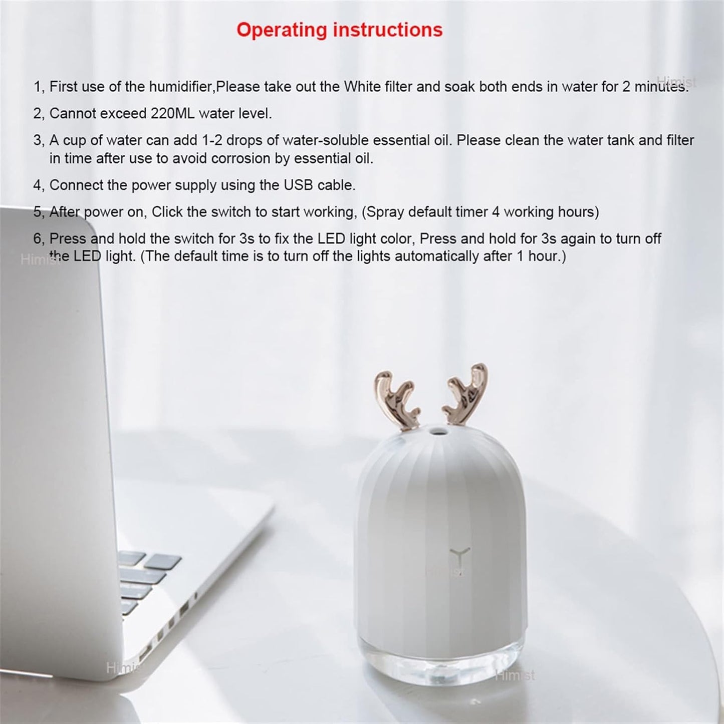 Humidifiers for Bedroom 220ML Ultrasonic Air Humidifier Aroma Essential Oil Diffuser for Home Car USB Fogger Mist Maker with LED Night Lamp Humidifier for Home (Color : White)