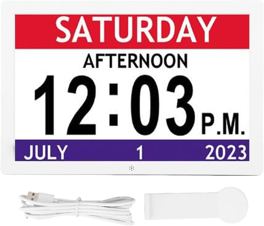 Asixxsix 10 Inch Digital Calendar Clock with Date and Day, Large Display Alarm Clock with 12 Alarm Reminders, Auto Brightness Adjustable Smart Clock for Vision Impaired, Seniors, Kids
