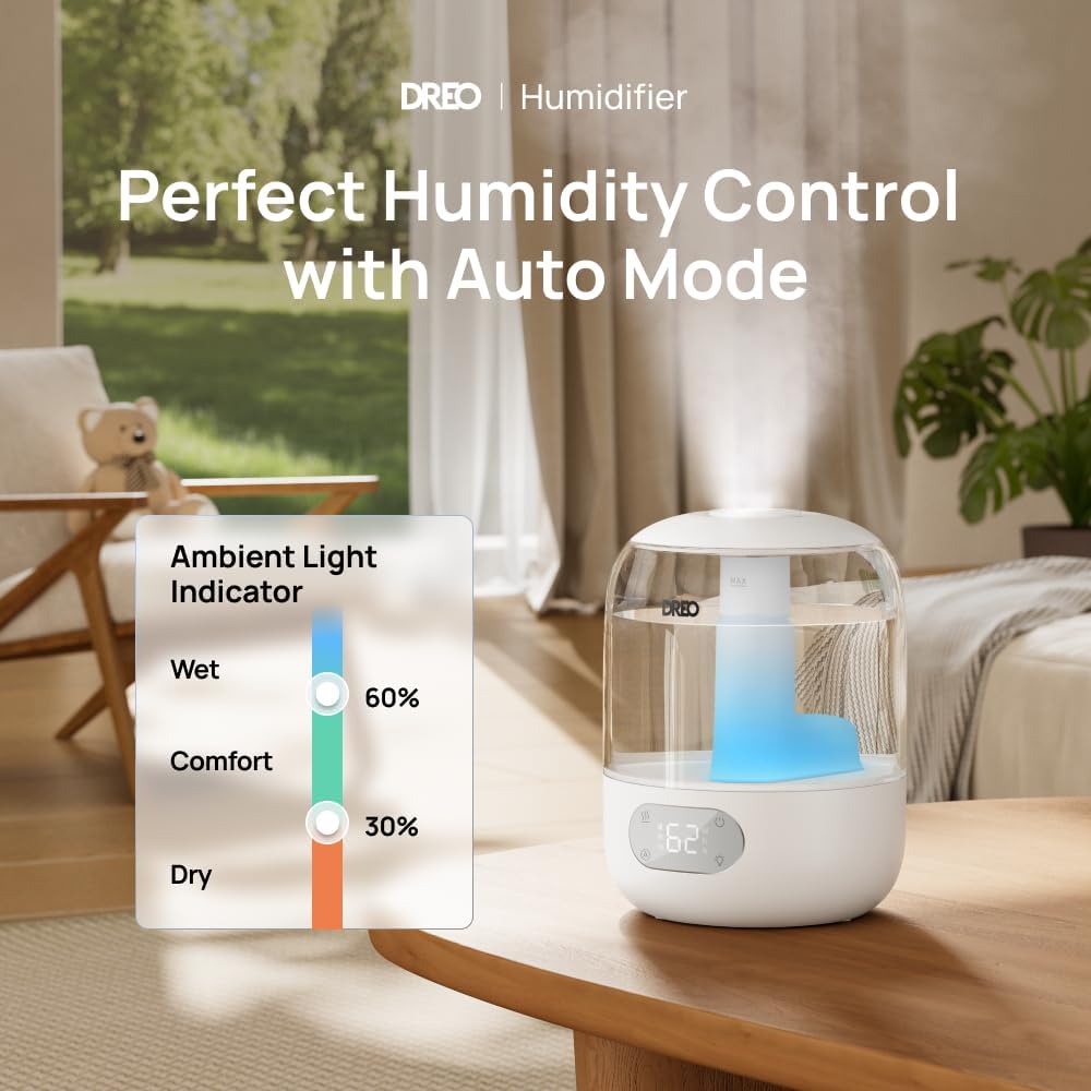 Dreo Humidifiers for Bedroom, Cool Mist 3L Humidifiers with 30Hr Runtime, Top Fill 3L Tank, Easy Clean, Humidity Sensor, Night Light for Baby, Nursery, 360° Nozzle for Plants and Home