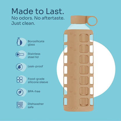 purifyou 40oz / 32oz / 22oz / 12oz Borosilicate Glass Water Bottle with Time & Volume Markers, Silicone Sleeve, Stainless Steel Lid | Reusable Glass Bottle for Water & Juice (40oz Jet Black)