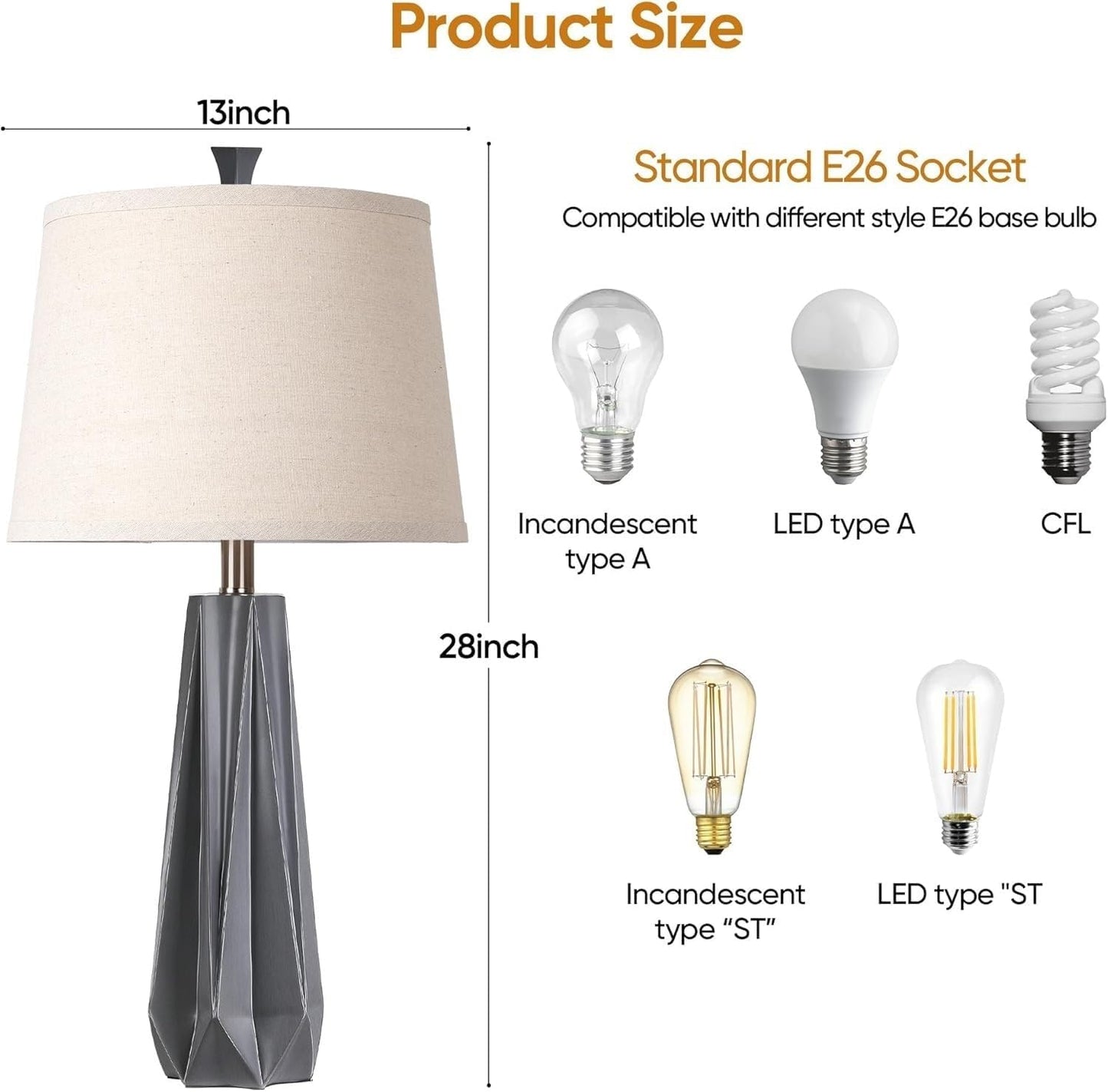 28" 3 Color Temperature Table Lamp, Linen Shade, Living Room Nightstand Bedroom Decor, Bulb Included, Gray 2-Pack Suitable for Living Room, Dormitory, Office,