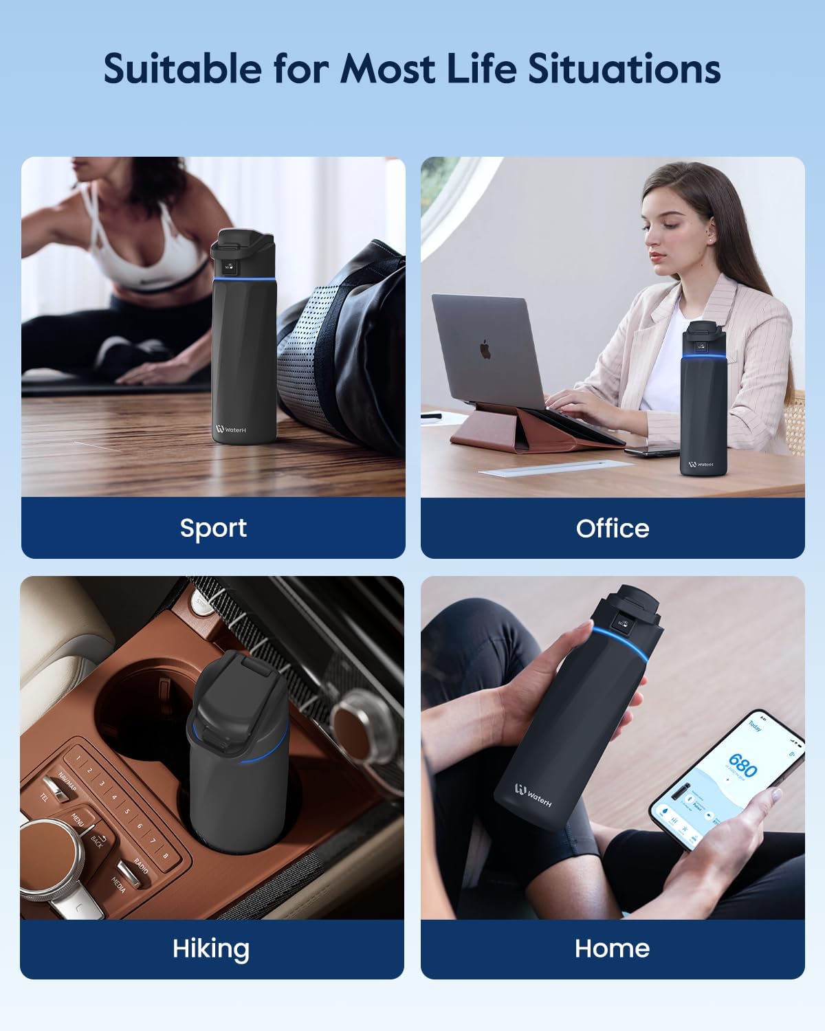 WATERH Boost Smart Water Bottle with Reminder to Drink Water, 24oz BPA-Free Stainless Steel Vacuum Insulated Water Bottle, Wide Mouth Water Tracker Bottle with APP, Ideal for Gift